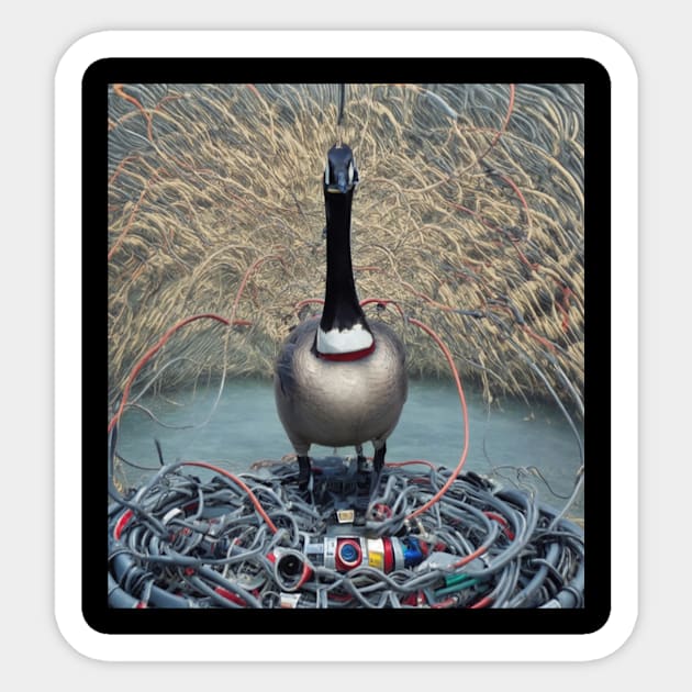 goose with wires at lake Sticker by Catbrat